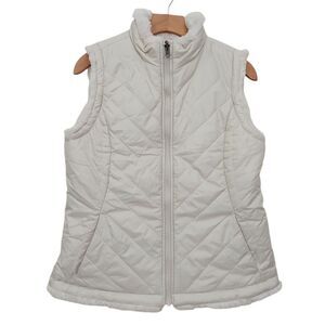 Nicole Miller Puffer Vest Womens Medium Beige Faux Fur Reversible Soft Shell